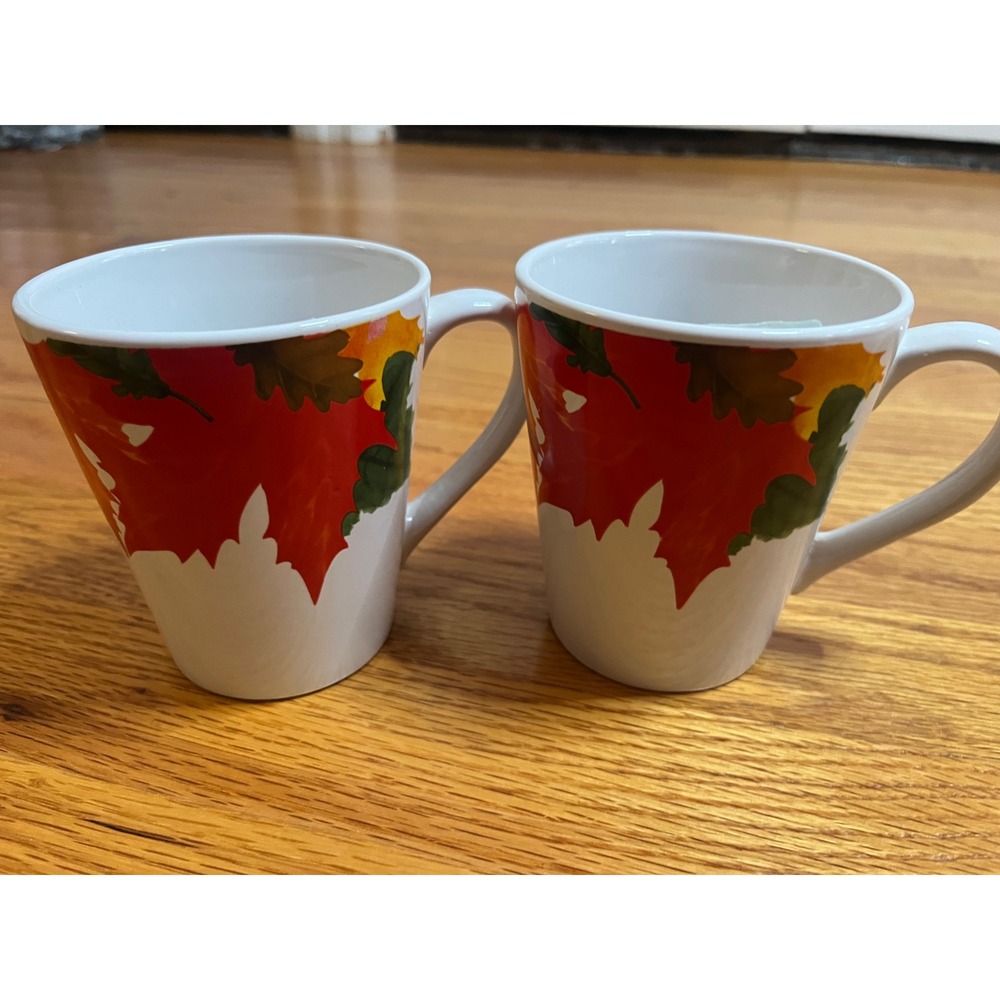 Royal Norfolk Fall Autumn Leaves Ceramic Coffee Mug Set of 2 White Red Orange